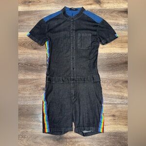 RARE 🌈 GLIMMS NEW YORK Mens Black Jean Romper Rainbow Stripe Sz Large LIKE NEE